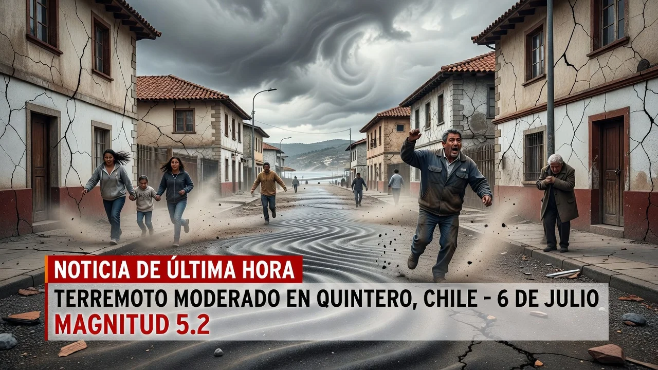 Illustration of earthquakes striking Quintero Chile showing cracked buildings and evacuating people on July 6