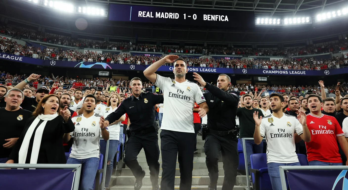 Real Madrid fan performing Nazi salute in Bernabéu stands as security intervenes during Champions League match.