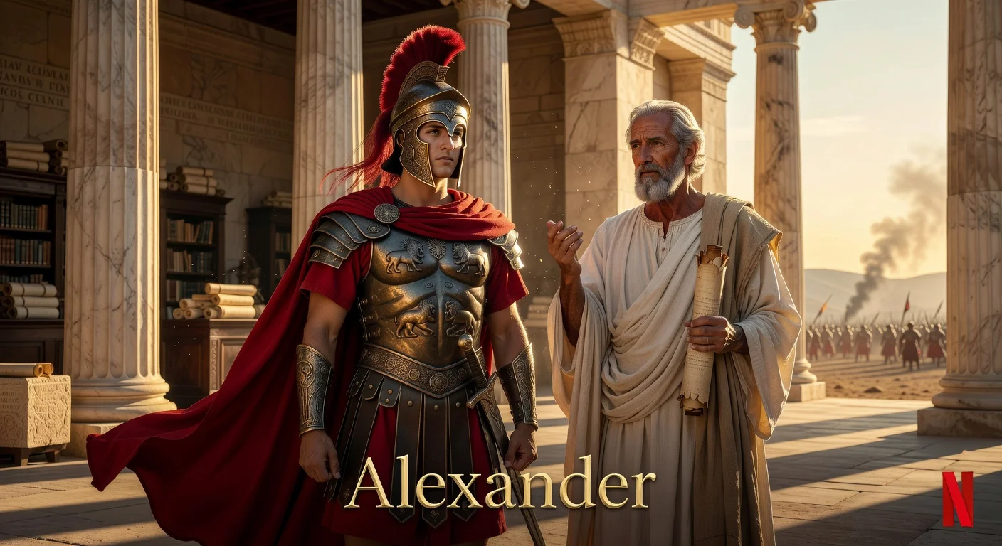Dramatic photorealistic illustration of Alexander the Great and Aristotle announcing Netflix's new historical drama series.
