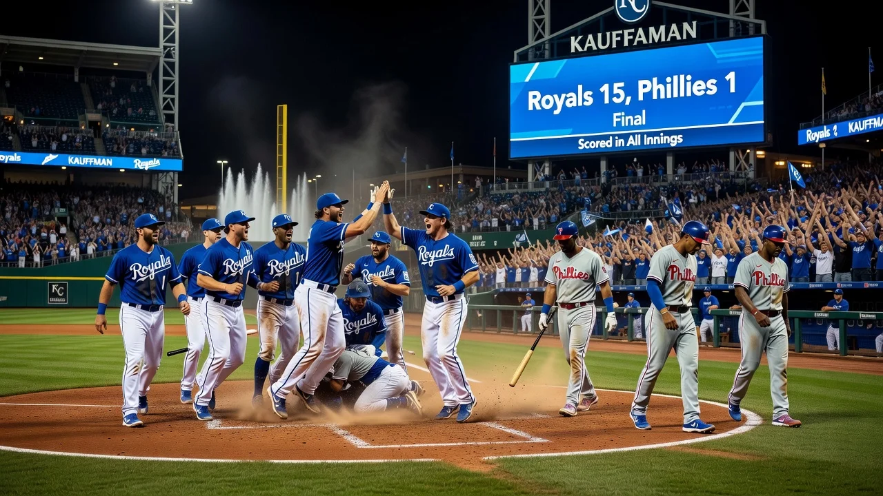 Realistic image of Royals' 15-1 win over Phillies at Kauffman Stadium for news article.
