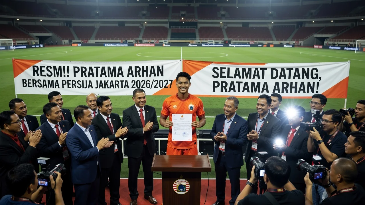 Pratama Arhan signing contract with Persija Jakarta at press conference in stadium.