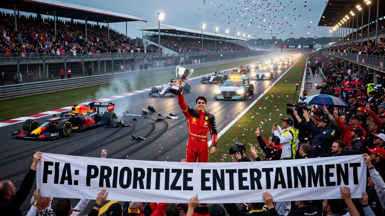 Illustration of British Grand Prix conclusion with Leclerc victory and safety car after Verstappen crash