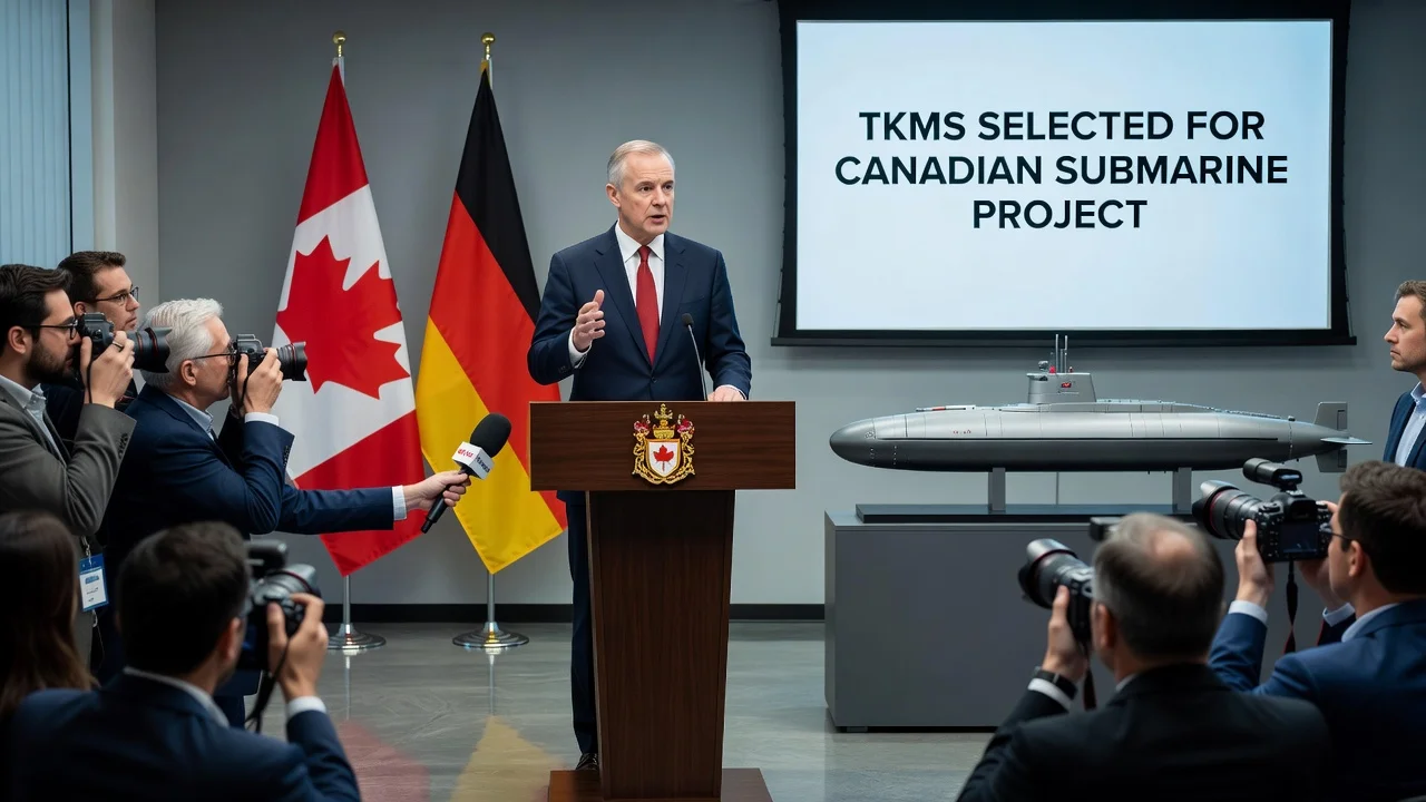 Canadian Prime Minister Mark Carney announcing Germany's selection as preferred bidder for submarine project during a press conference.
