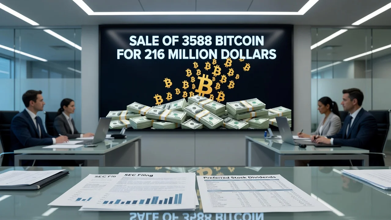 Illustration of Bitcoin sale transaction in a corporate office setting for a news article