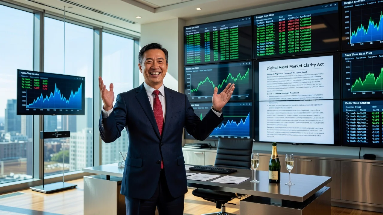Illustration of Bitmine Immersion chairman Thomas Lee discussing the company's large Ether purchase amid optimism for crypto legislation.