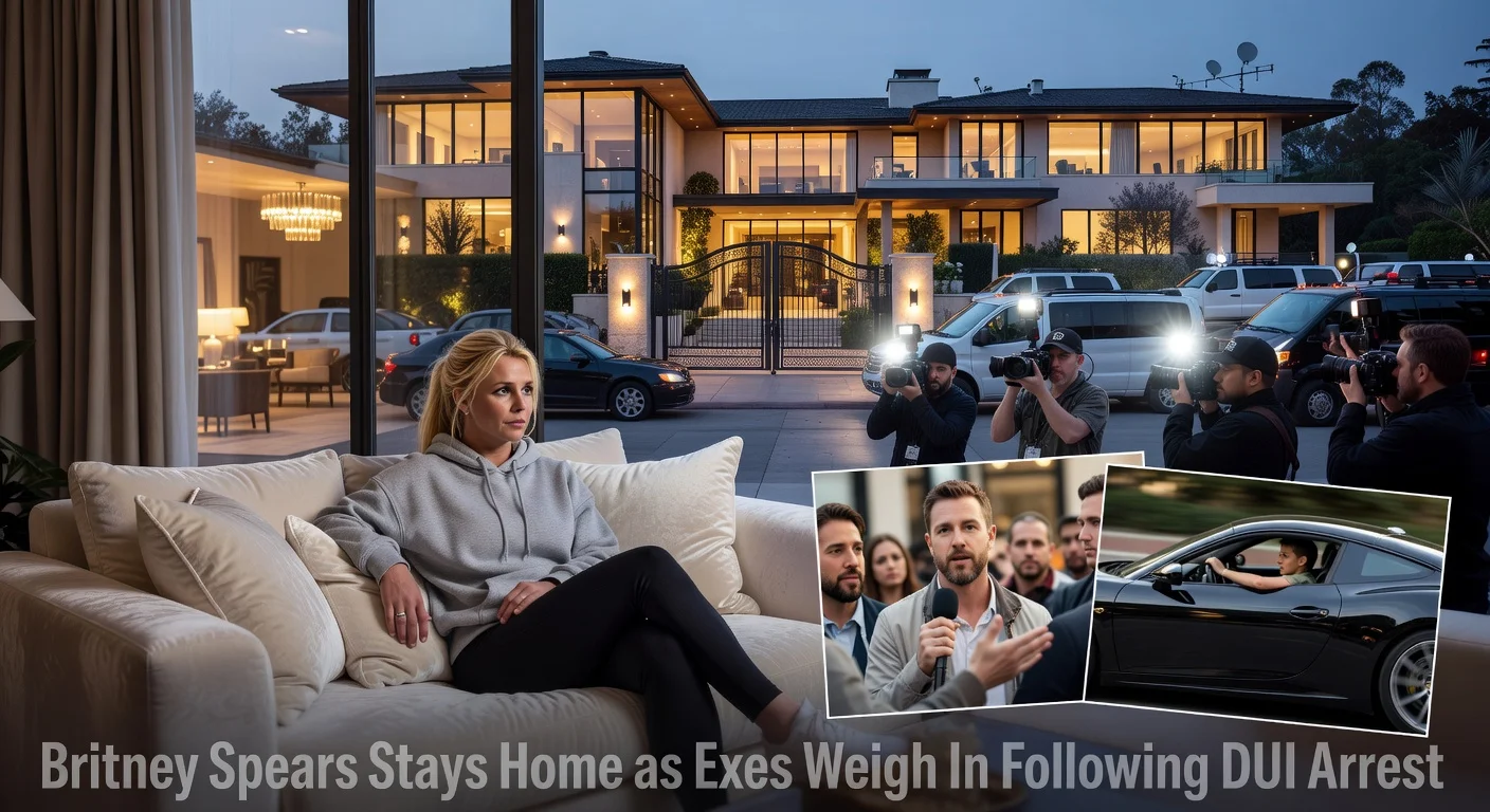 Realistic illustration of Britney Spears at her LA mansion post-DUI arrest, with paparazzi outside and inset images of ex-husband Kevin Federline and son Jayden James.