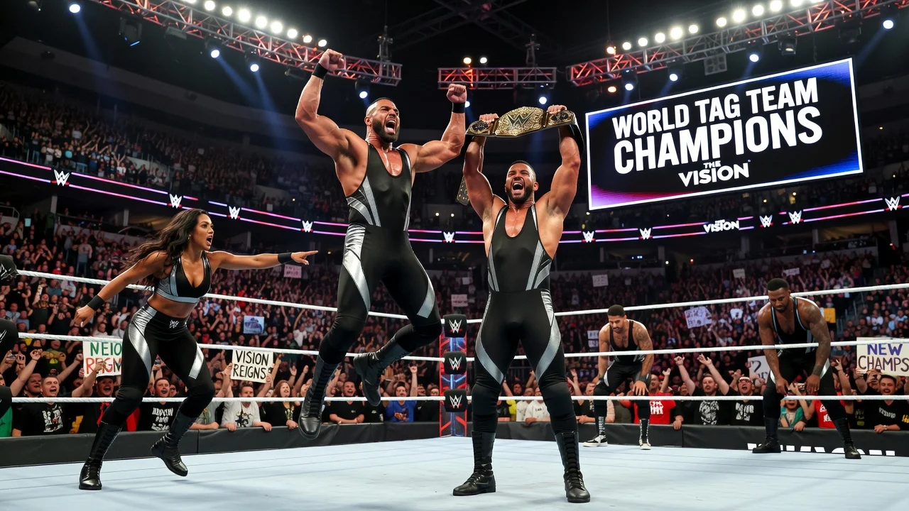 The Vision tag team celebrates winning the WWE World Tag Team Championship against the Street Profits with Maxxine Dupri's interference.