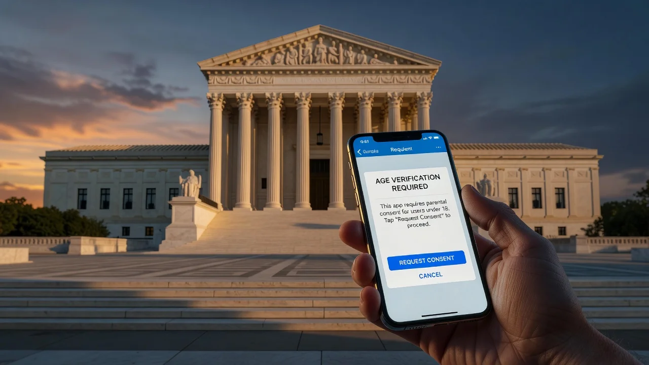 Illustration of the Supreme Court and a smartphone showing app store age verification under the new Texas law.