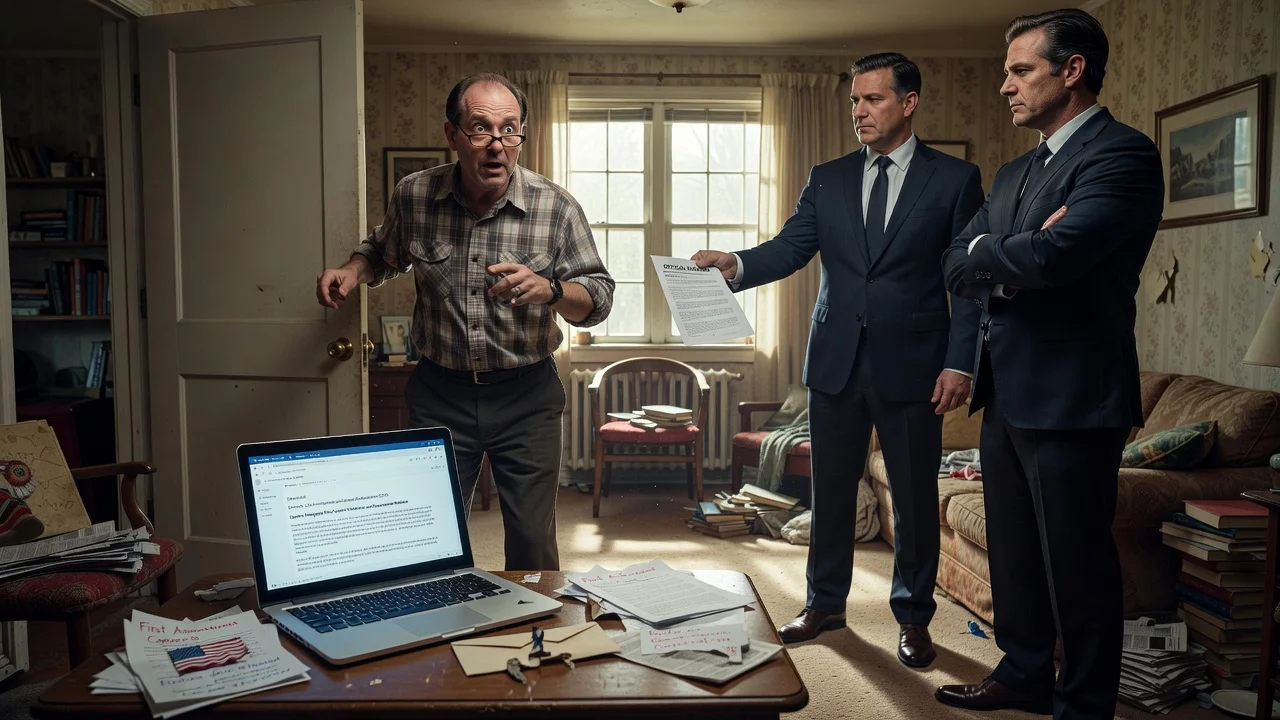 A man receiving a visit from federal agents at home after sending a critical email, illustrating a First Amendment lawsuit against DHS.