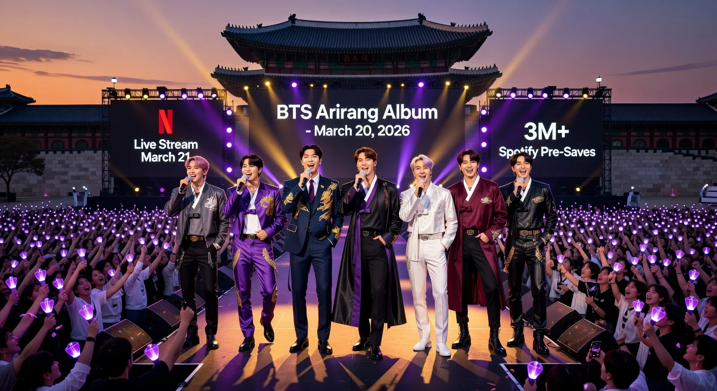 BTS on stage at Gwanghwamun Square announcing Arirang album, Netflix livestream, and comeback documentary amid cheering fans.