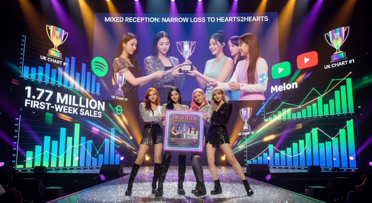 Blackpink members celebrating record sales of 'Deadline' album on stage amid chart success and a chart show loss.