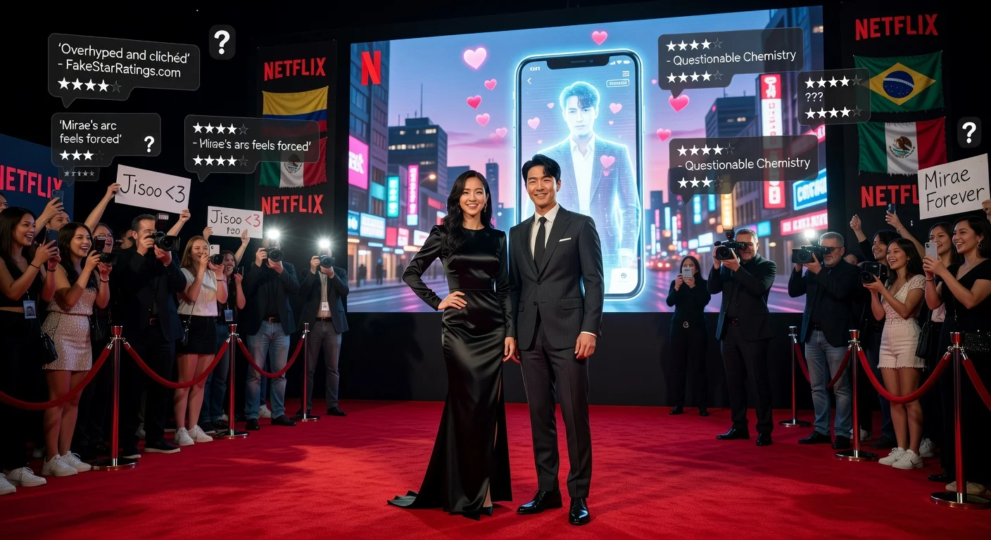 Photorealistic image of Jisoo and Seo In-guk at 'Boyfriend on Demand' Netflix premiere, featuring drama poster, promotions, and review controversy hints.