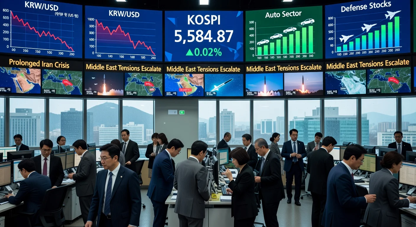 Trading floor at Seoul's Korea Exchange showing flat KOSPI amid Iran crisis, with screens highlighting slight gains in autos and defense stocks.
