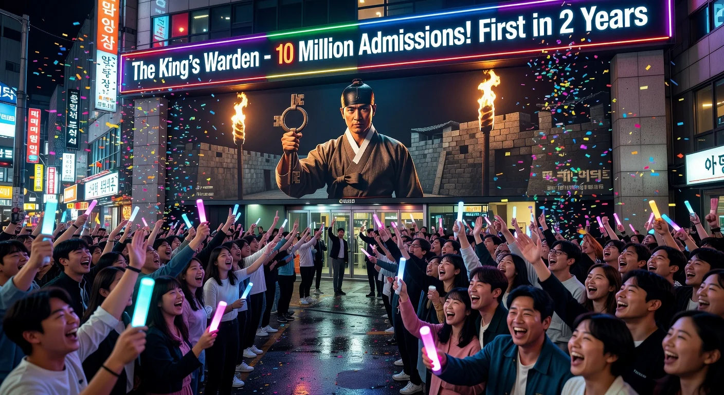 Crowds celebrating outside a Seoul cinema as 'The King's Warden' hits 10 million admissions, first Korean film in two years.