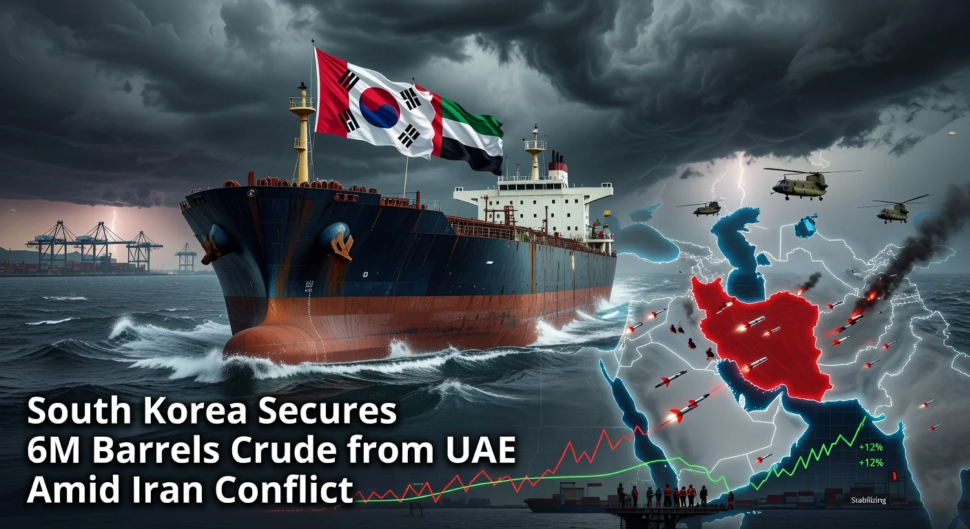 Realistic illustration of a South Korean oil tanker from UAE amid Iran conflict, with news headlines, Middle East map, and evacuation scenes.