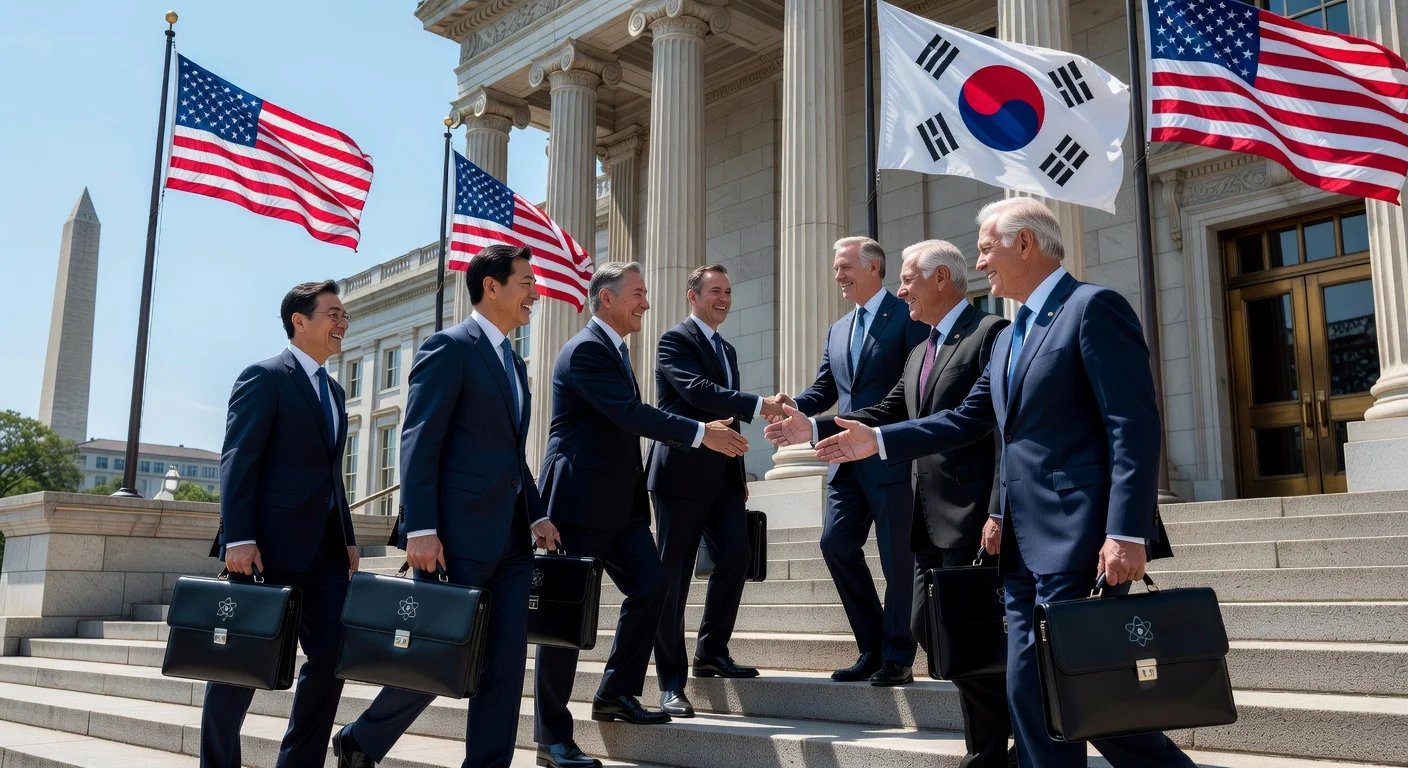 South Korean delegation arrives at U.S. State Department for nuclear energy negotiations, shaking hands with American diplomats amid national flags.