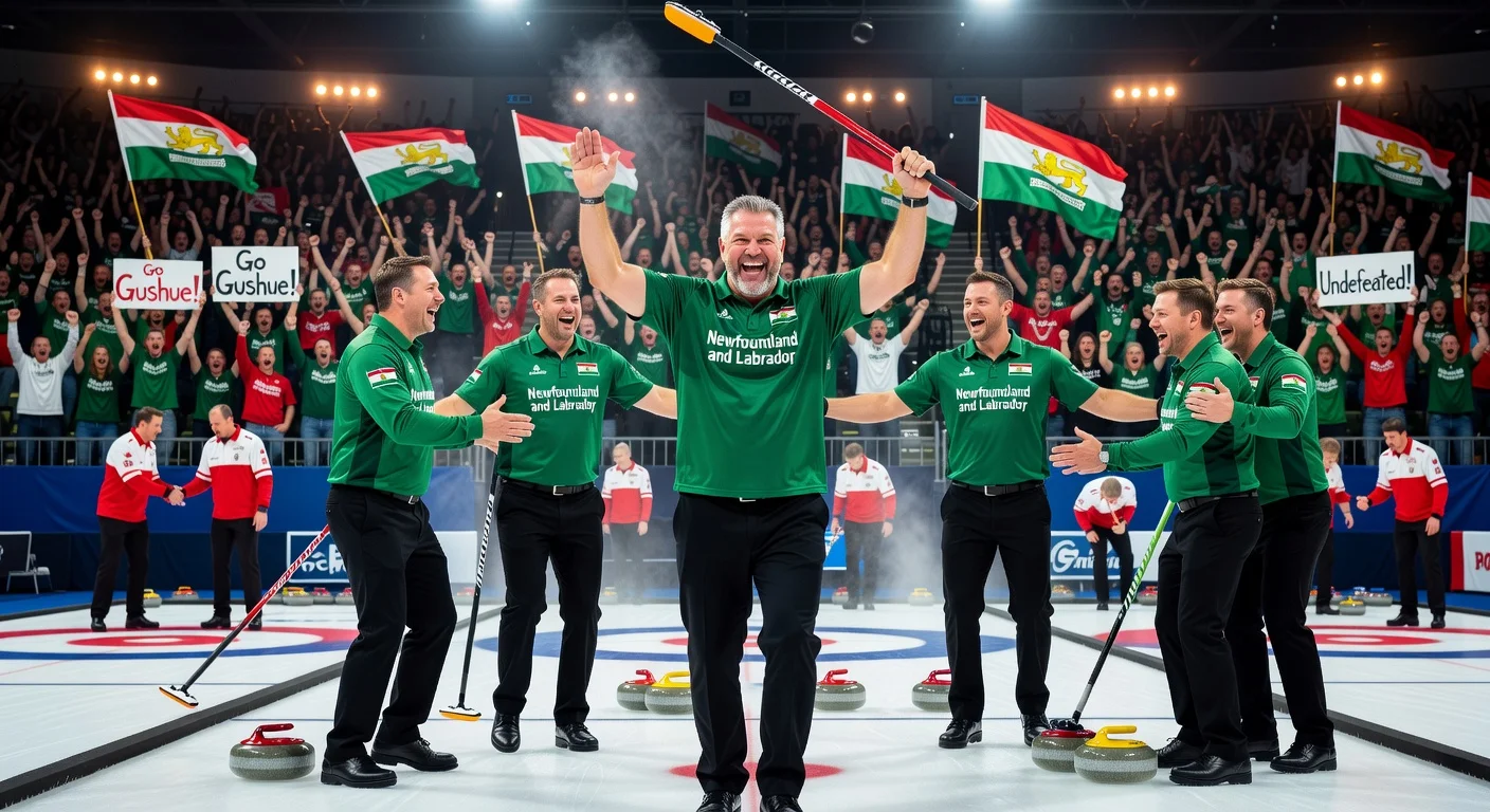 Brad Gushue and team celebrate 4-2 victory over Jacobs for top Brier seed amid roaring St. John's crowd.