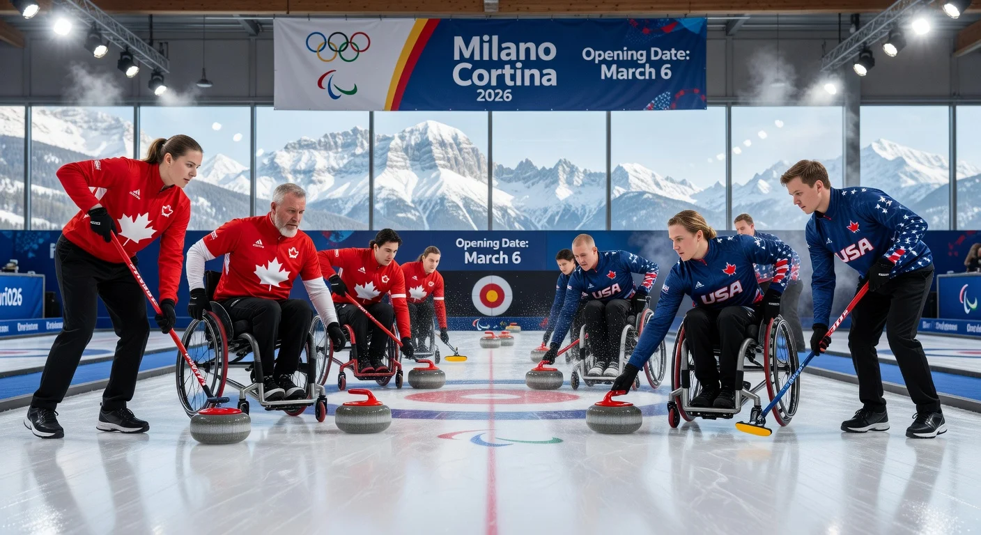 Wheelchair curling athletes from Canada and the U.S. practicing on ice ahead of the 2026 Milano Cortina Paralympics.