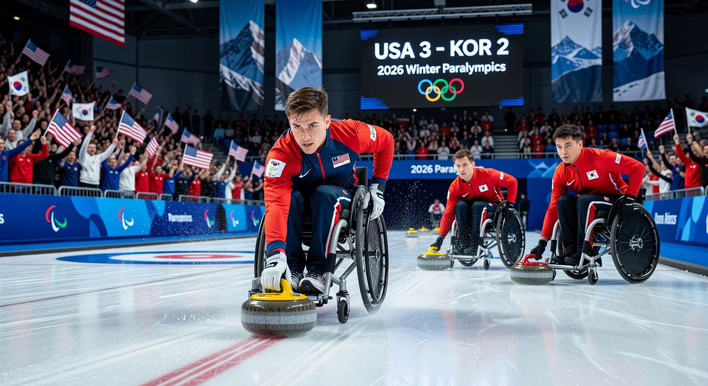 Team USA wheelchair curlers in action against South Korea during a round-robin match at the 2026 Milan Cortina Paralympics.
