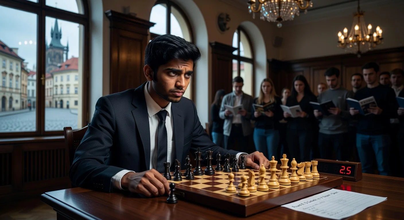 Dejected D Gukesh at Prague Chess Festival chessboard, apologizing to disappointed fans amid poor form.