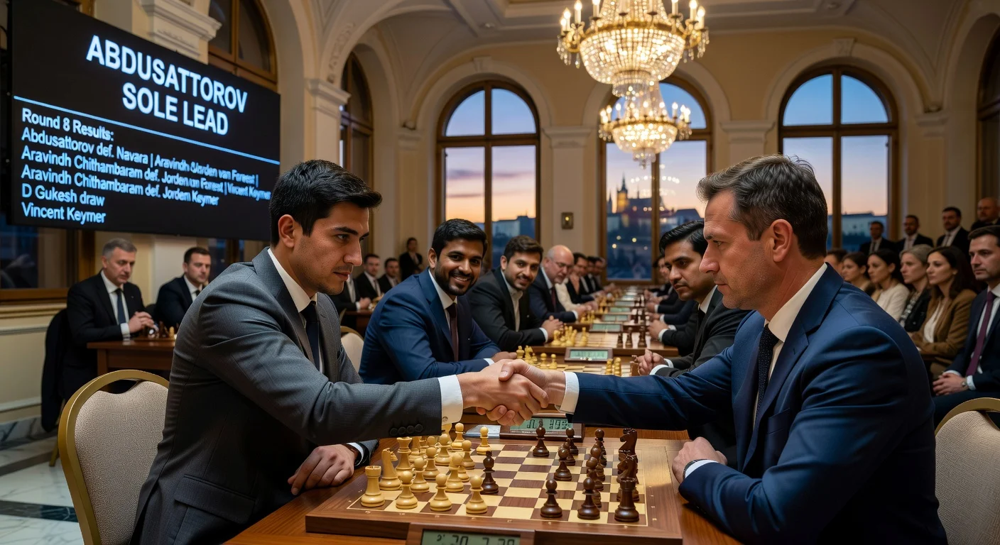 Dramatic photorealistic illustration of chess grandmaster Nodirbek Abdusattorov claiming sole lead at Prague Masters after round 8 victory.