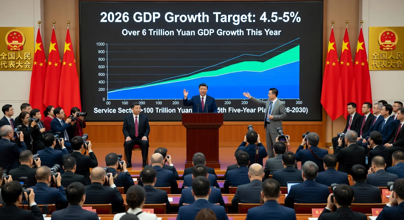 Realistic illustration of China's 2026 Two Sessions press conference highlighting GDP growth targets and leaders including Premier Li Qiang and Xi Jinping.