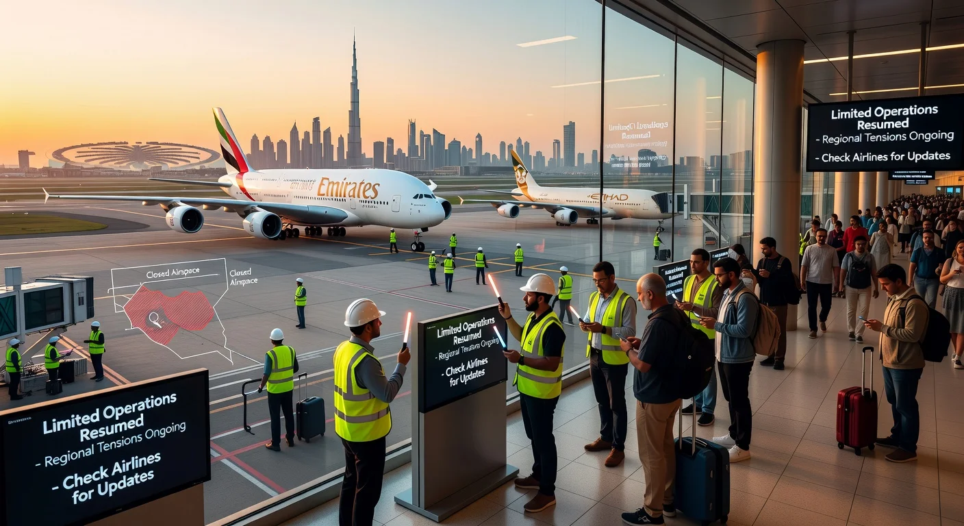 Photorealistic illustration of Emirates and Etihad planes resuming limited flights from Dubai airport amid Middle East tensions, with travelers checking updates.