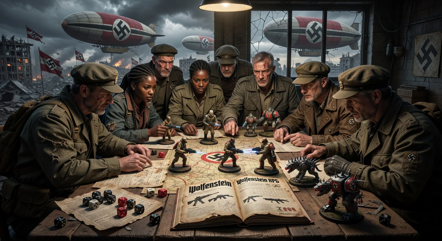 Photorealistic illustration of resistance fighters playing the announced Wolfenstein tabletop RPG by Modiphius, set in a Nazi-victory alternate history.