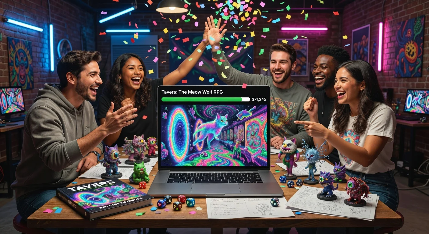 Photorealistic image of gamers celebrating the Kickstarter success of Tavers: The Meow Wolf RPG, featuring psychedelic art on a laptop screen.