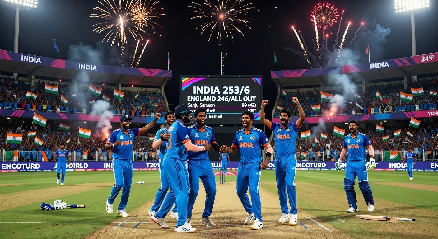 Indian cricketers celebrate thrilling seven-run victory over England in T20 World Cup 2026 semi-final at Wankhede Stadium, scoreboard showing record-breaking scores.