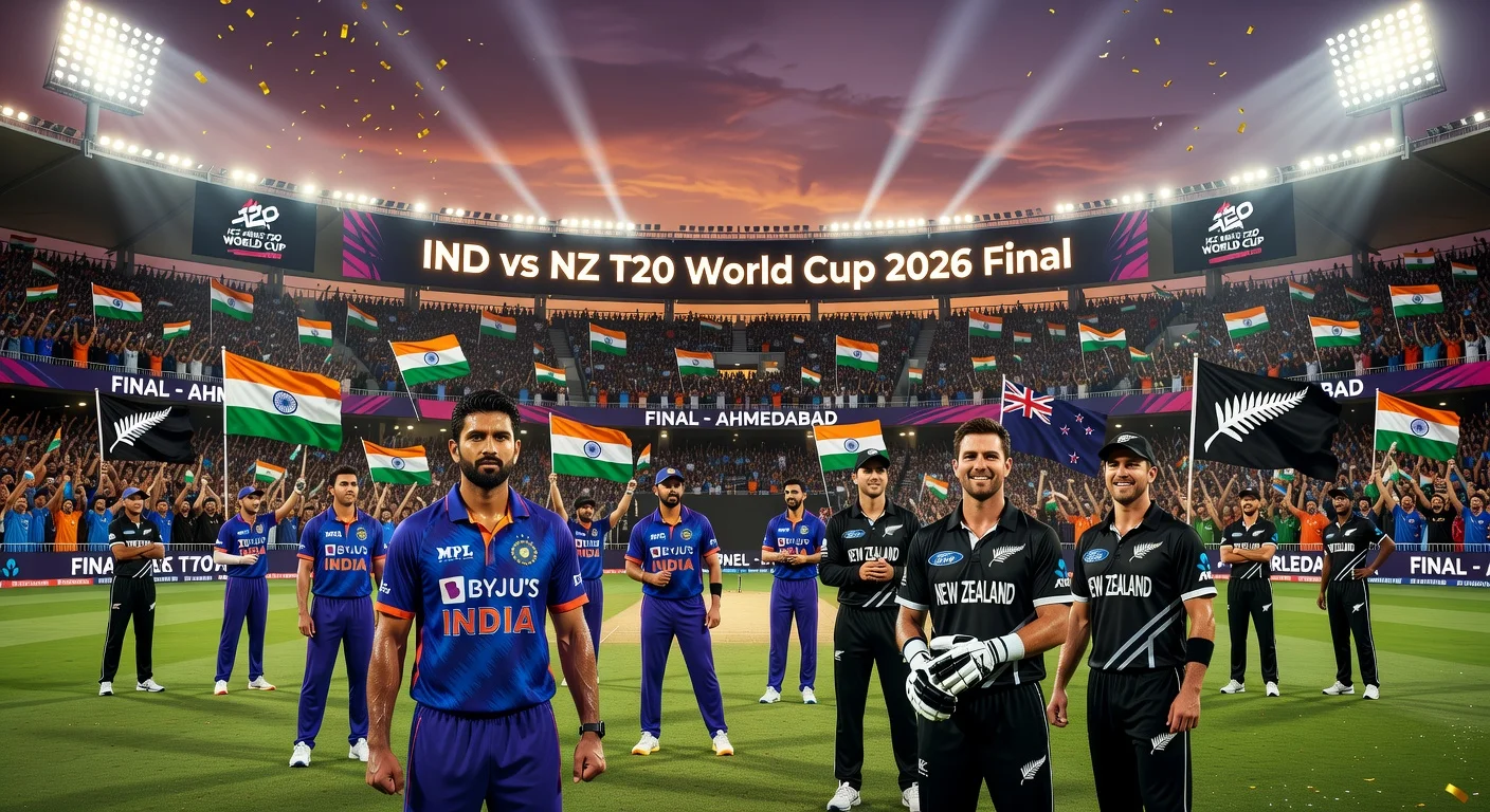 Realistic illustration of India vs New Zealand in the T20 World Cup 2026 final at Narendra Modi Stadium, with packed crowds and players ready for action.