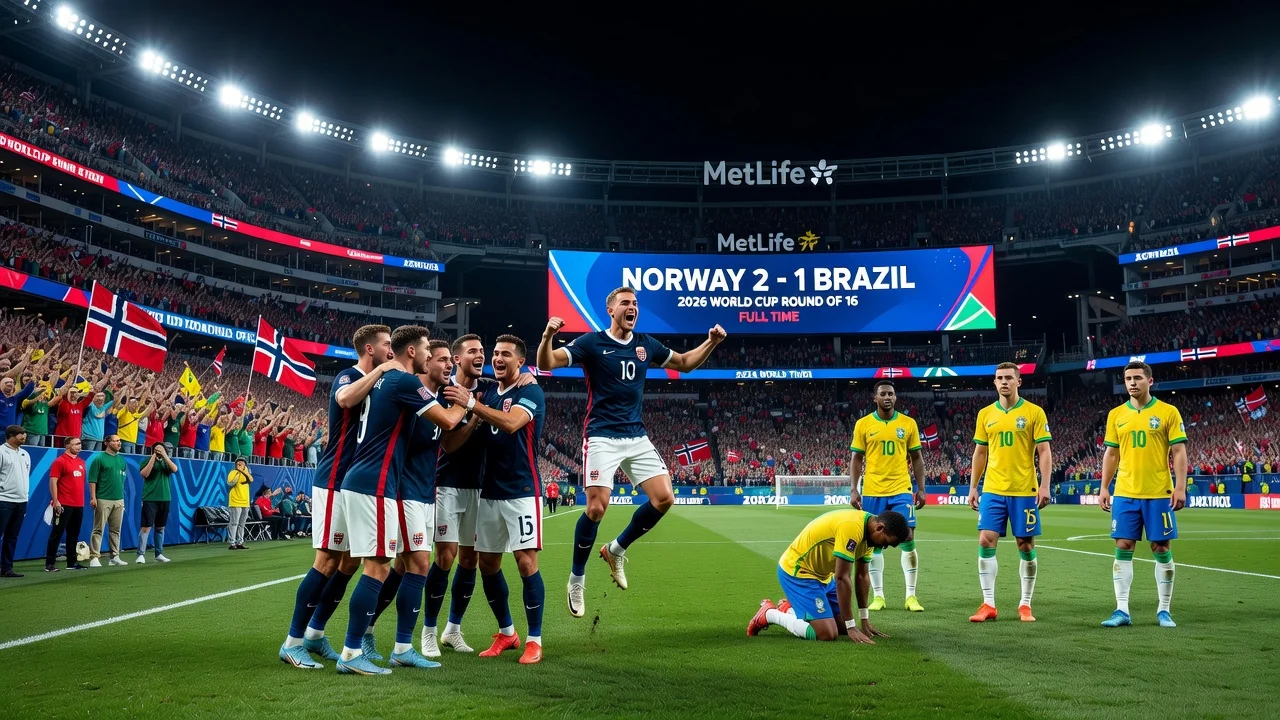 Norway's surprising 2-1 win against Brazil in the 2026 World Cup round of 16, with players celebrating in a New York stadium.