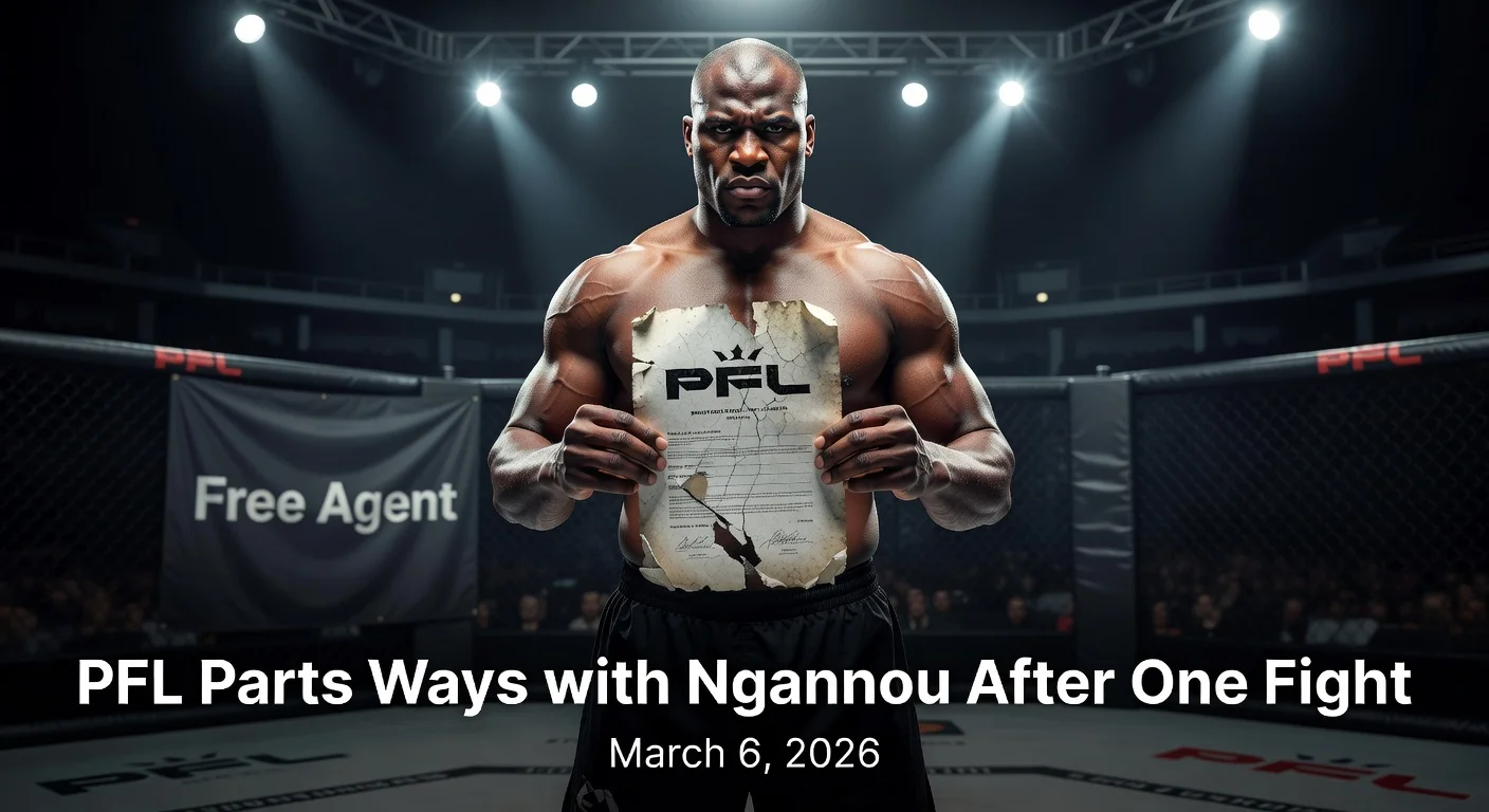 Francis Ngannou holding a torn PFL contract in an MMA arena, symbolizing his departure as a free agent.