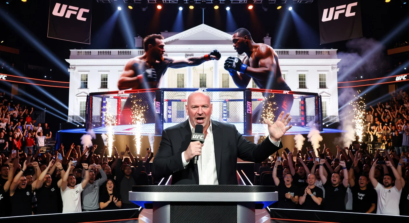 Dana White announces UFC White House fight card during UFC 326 broadcast, with White House and fighter imagery on screen.