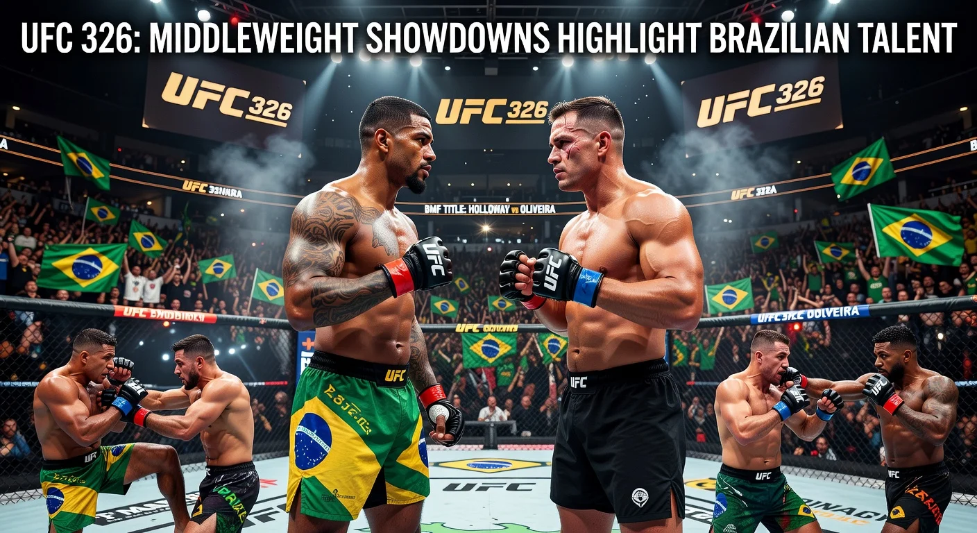 Photorealistic illustration of UFC 326 middleweight clash between Caio Borralho and Reinier de Ridder in the octagon, featuring Brazilian fighters and event details.