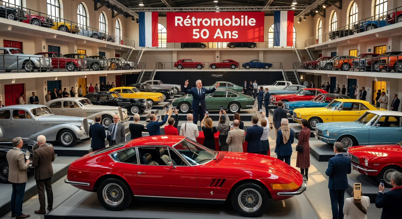 Vibrant scene of classic cars and crowds at the 50th Rétromobile anniversary show in Paris Expo Porte de Versailles.