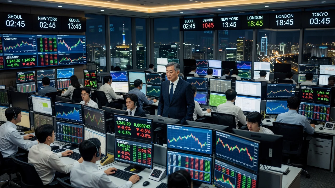 Illustration of Finance Minister visiting a Seoul bank dealing room for the 24-hour won forex trading launch.