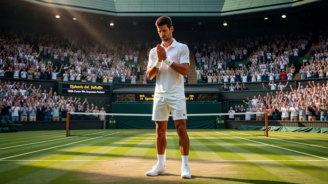 Novak Djokovic apologizes on the Wimbledon court after breaking the match win record.