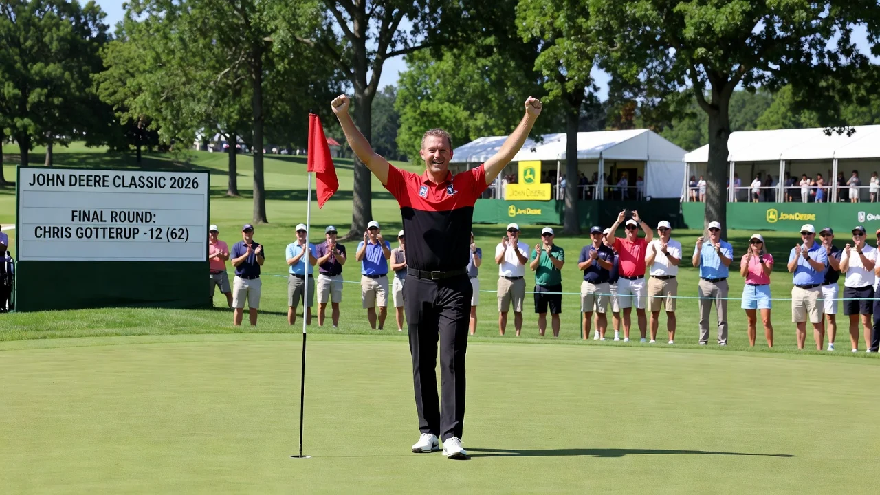 Chris Gotterup celebrating victory at John Deere Classic after shooting 62 in final round.