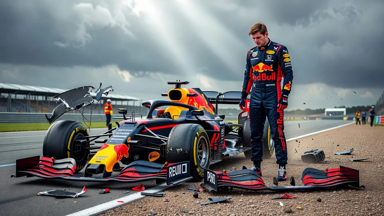 Max Verstappen frustrated next to his crashed Red Bull car after rear wing failure at the British Grand Prix.