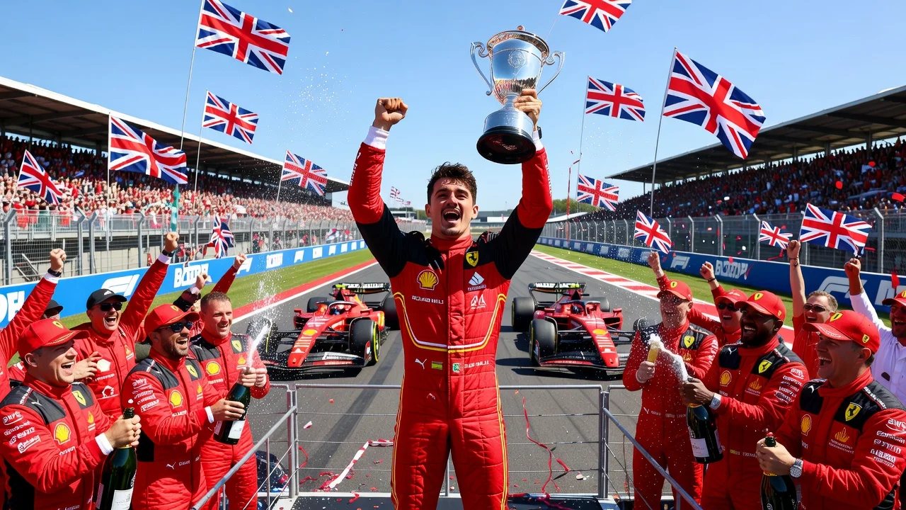 Charles Leclerc celebrating victory on the Silverstone podium after the 2026 British Grand Prix.