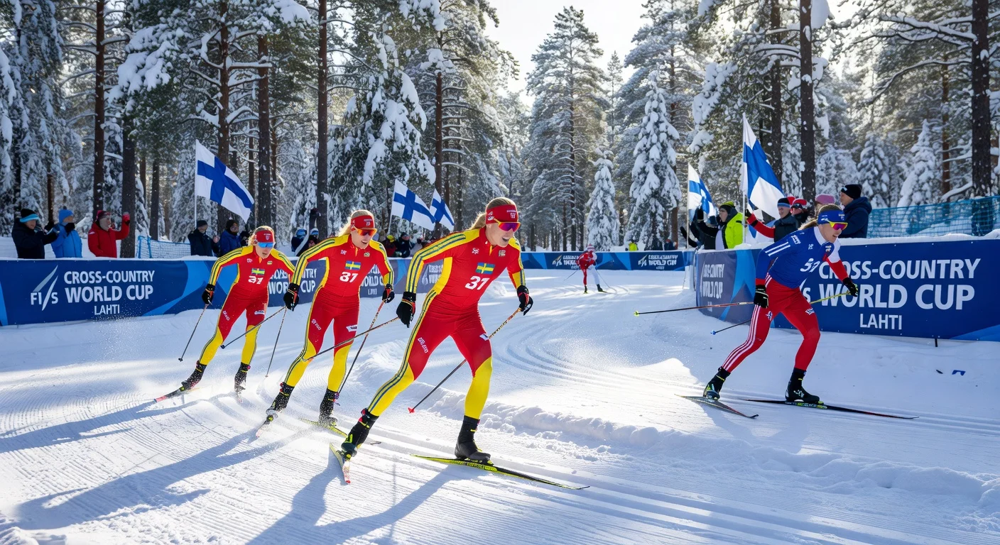 Action shot of Jonna Sundling and Johannes Hoesflot Klæbo leading sprint qualifiers at Lahti Cross-Country World Cup.