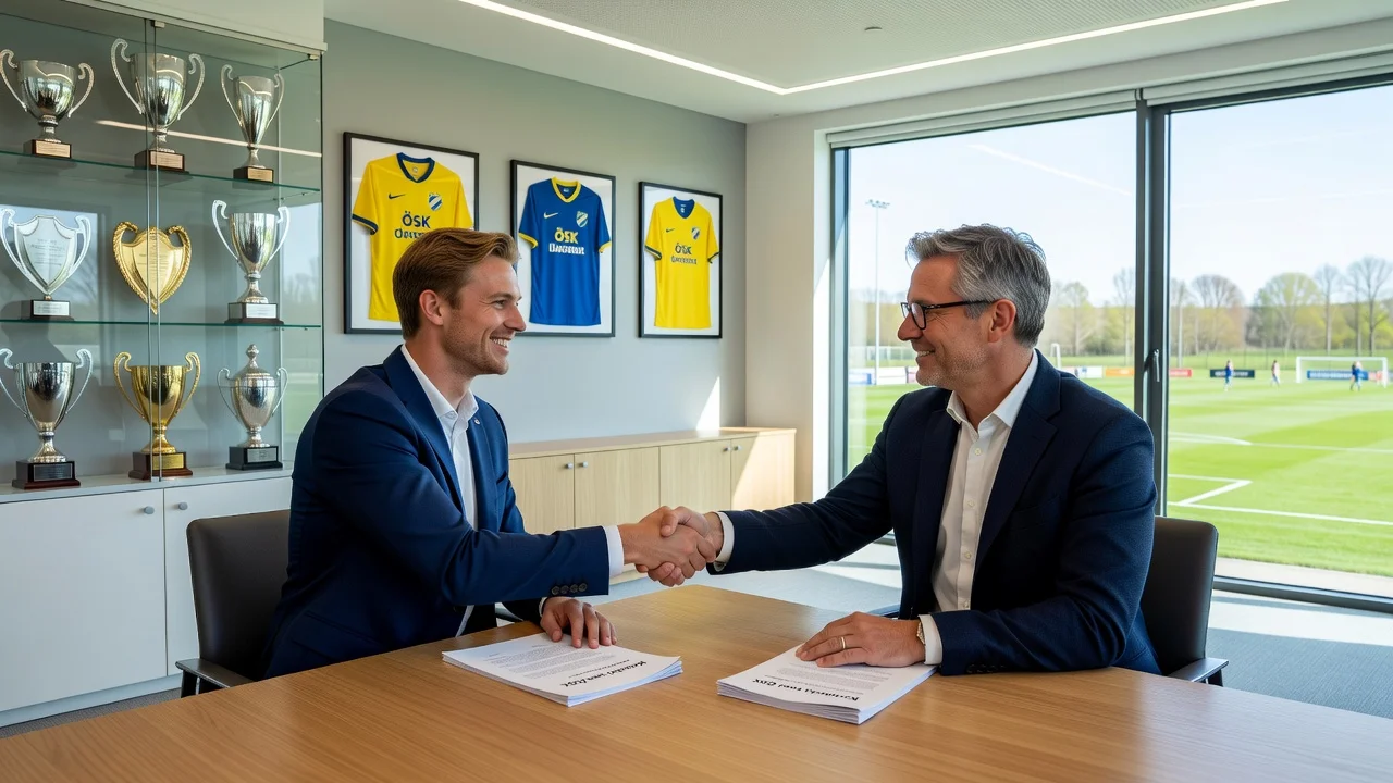Rasmus Wiedesheim-Paul signing a contract with ÖSK football club in a professional office setting.