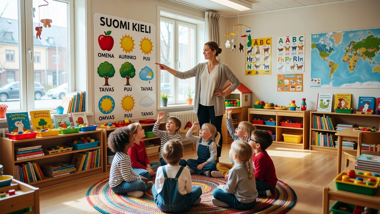 A teacher instructing preschool children in the Finnish language in a classroom in Jönköping.