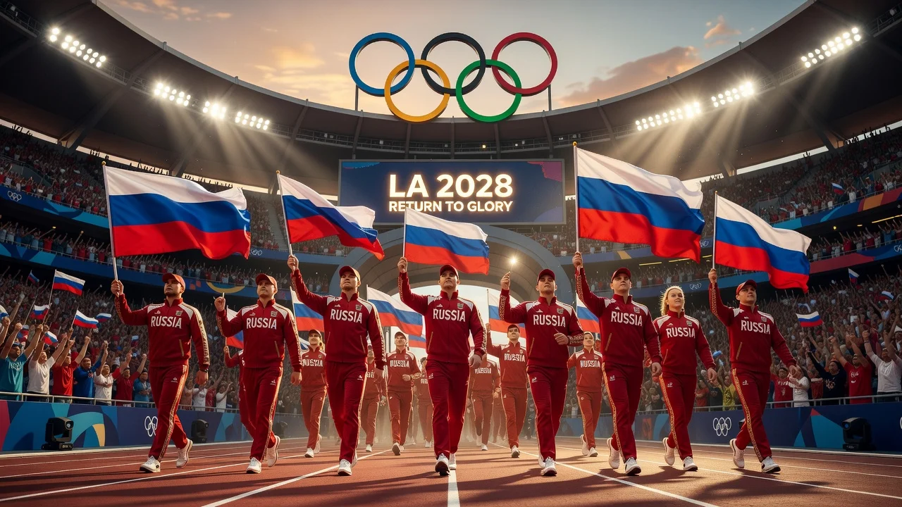Russian athletes returning to the Olympics in Los Angeles 2028, illustration for news article.