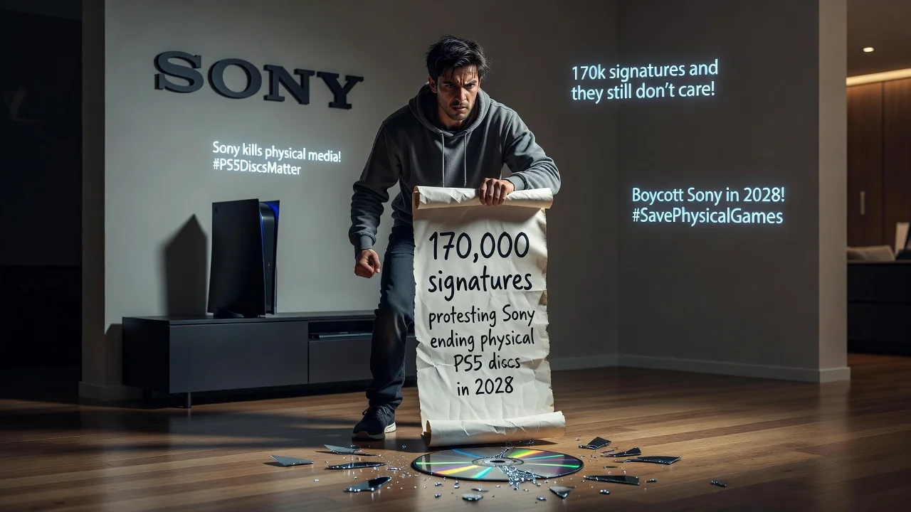 A frustrated gamer protesting Sony's discontinuation of physical PlayStation discs with a petition in hand.