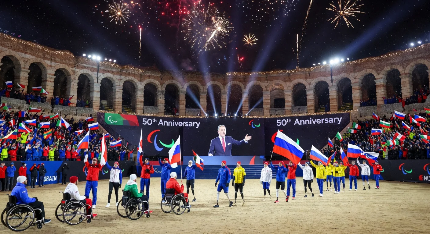 Opening ceremony of the 2026 Winter Paralympics at Verona's Arena di Verona, featuring Russian flag return, athlete parade, and IPC president amid boycotts and 50th anniversary celebrations.