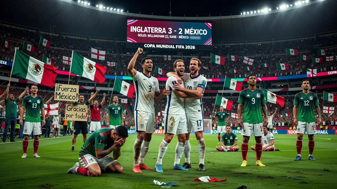 Emotional scene of Mexico's World Cup elimination by England at Azteca Stadium with players and fans reacting to the 3-2 loss.