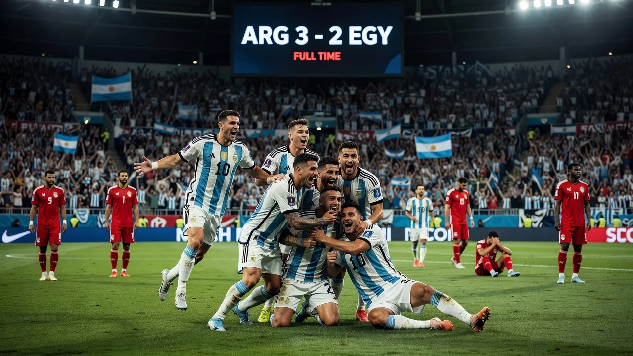Argentina players celebrating their 3-2 World Cup victory over Egypt on the soccer field.