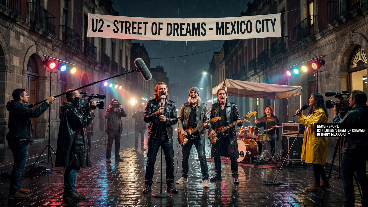 U2 performing in the rain during a Mexico City video shoot for 'Street of Dreams'